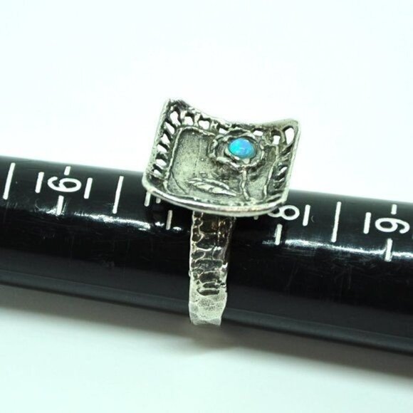 Artisan Sterling Silver Blue Opal Flower Ring – Hand Hammered, Size 7.5 - Picture 8 of 15